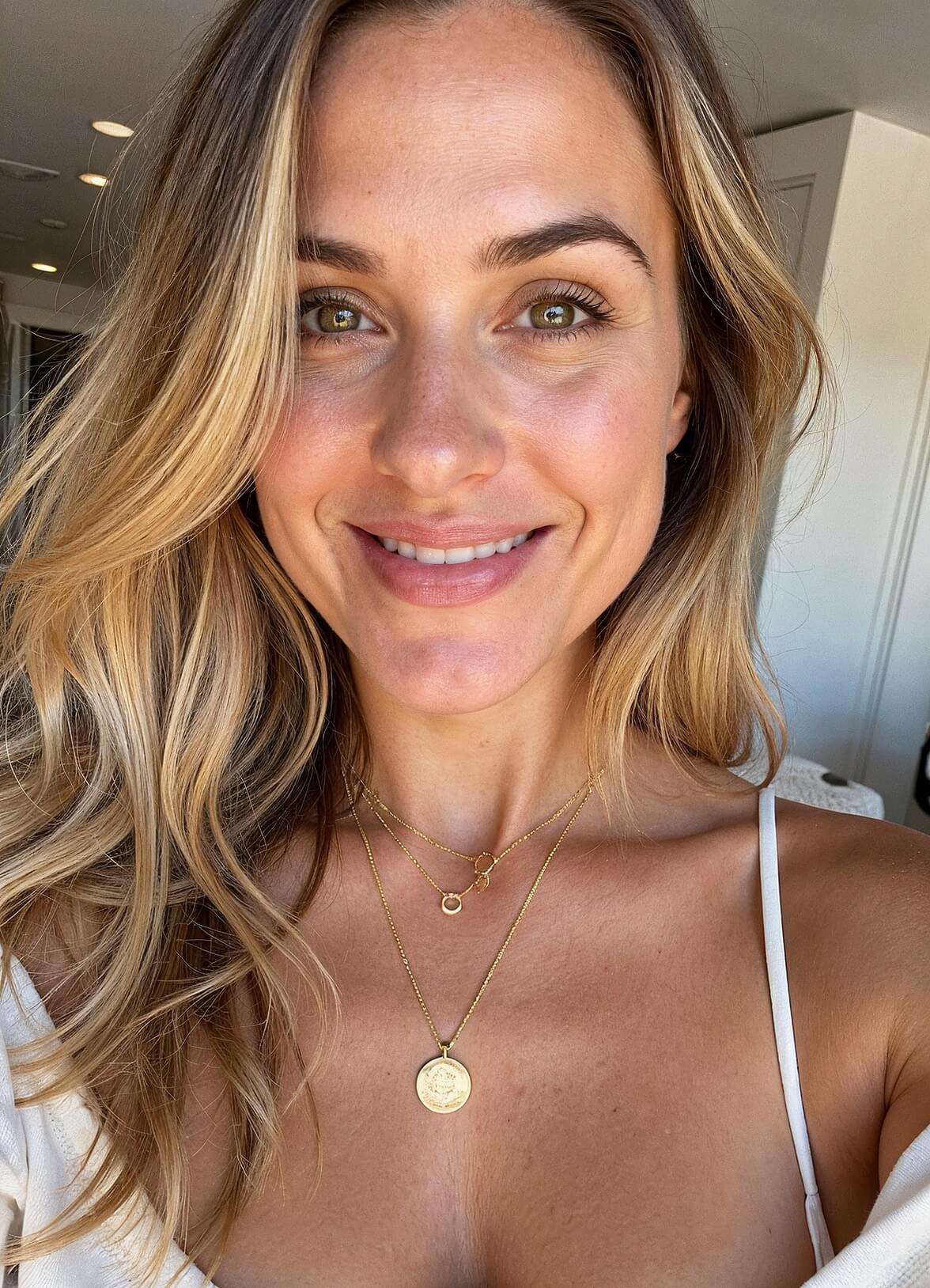 Meet Serena, radiant in white with layered gold necklaces—a delicate chain, interlocking rings, and a bold medallion—embodying effortless elegance.