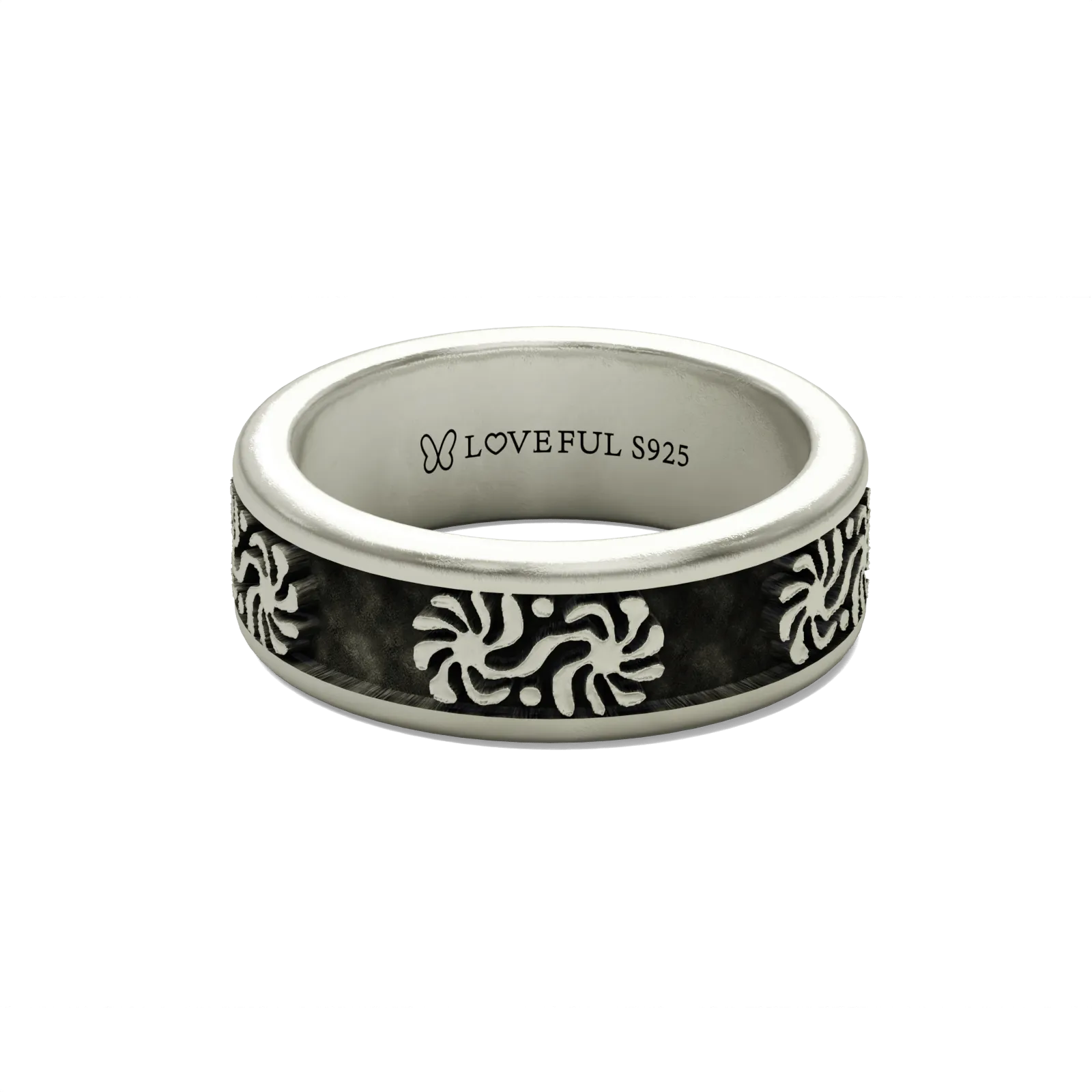 Matte Silver Ring, Classic Vintage Square, Flower Totem